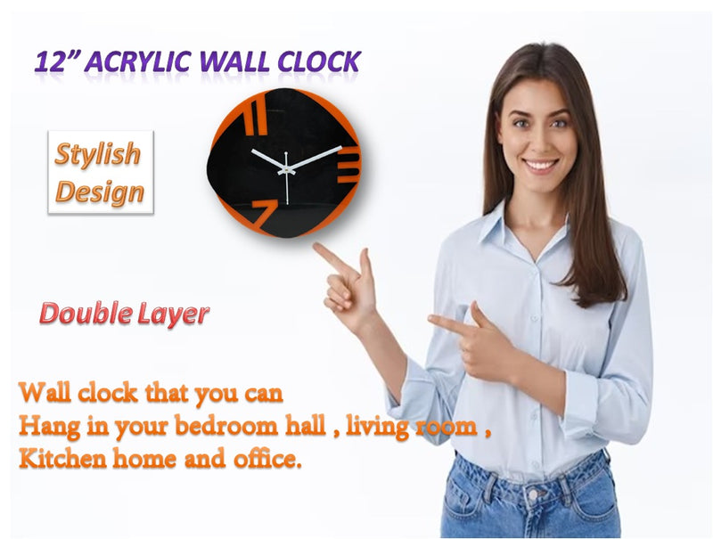 Wall Clock Acrylic Designer Stylish & Official Color - Orange & Black
