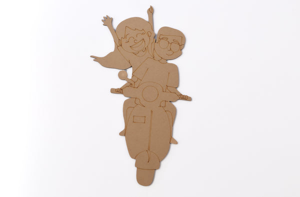 Premarked Scooter Uncle & Aunty Long drive Wooden Cute Cutout for Crafts Work (11 X 6.4 Inch)