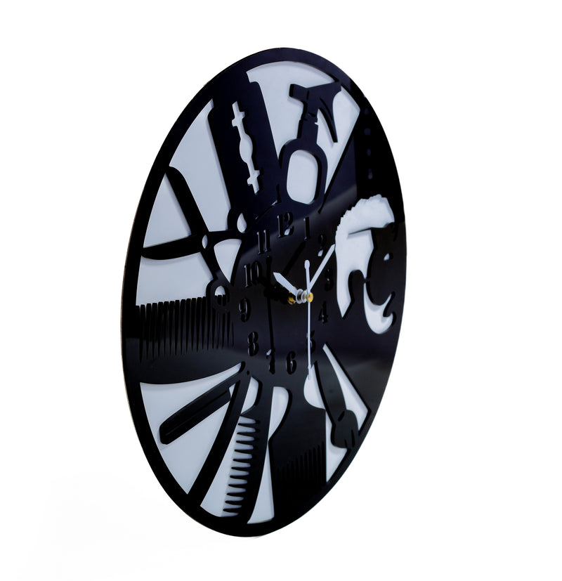 Hair Salon Barber Shop Wall Clock Decor Unique 12” Acrylic Antic & Trending Design | Black & White